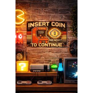 8x12 Retro Arcade “Insert Coin to Continue” Metal Sign – Replica Gamer Wall Deco